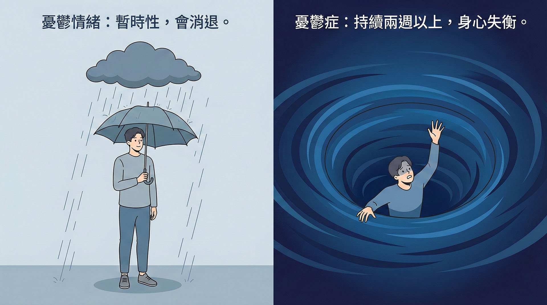 憂鬱情緒與憂鬱症差異對比:暫時性與持續失衡圖