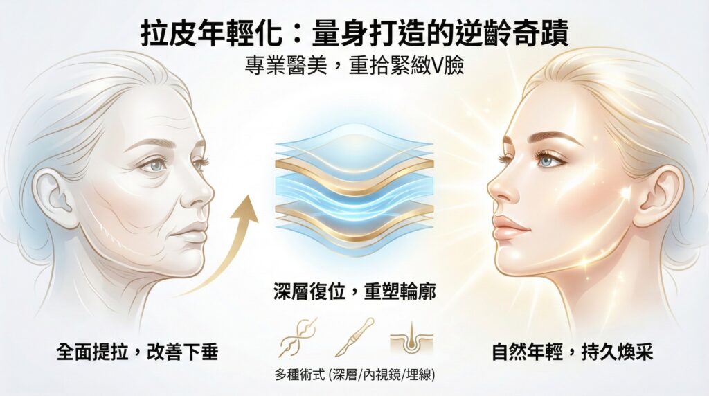 拉皮年輕化:量身打造的逆齡奇蹟_專業醫美重拾緊緻V臉_資訊總結圖