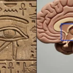 荷魯斯之眼與人類大腦解剖對比圖,藍框標示出松果體位置,探討古埃及符號與第三隻眼的關聯