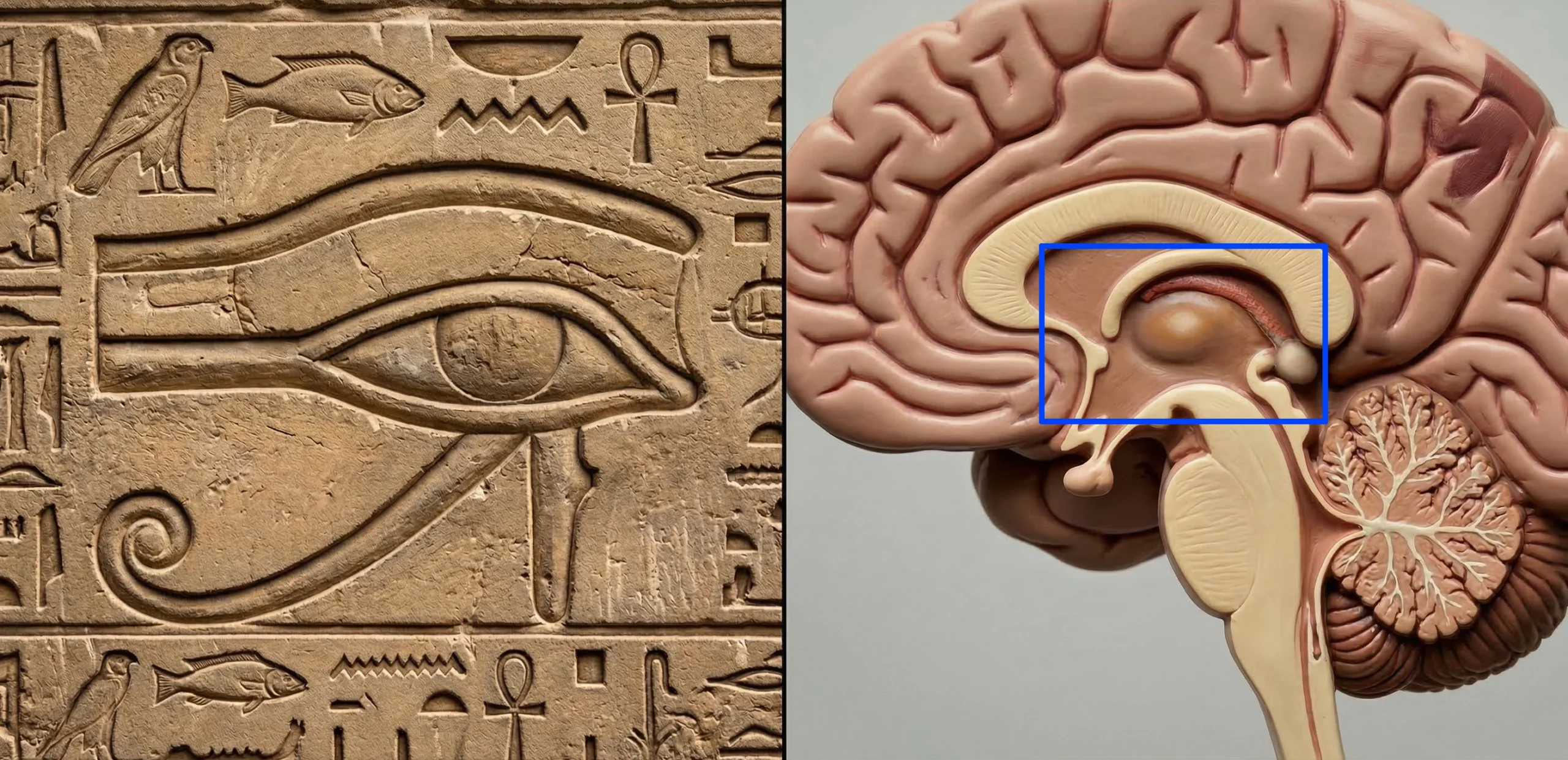 荷魯斯之眼與人類大腦解剖對比圖，藍框標示出松果體位置，探討古埃及符號與第三隻眼的關聯